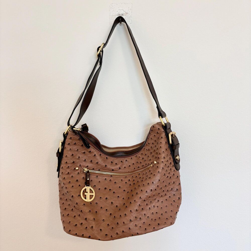 Giani Bernini Women’s Embossed Faux Ostrich Shoulder Bag Purse Brown